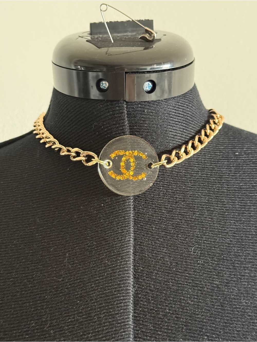 Gold-Tone Chain Choker Necklace with Crystal Medallion